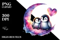 Colorful Baby Penguin Sitting on Moon PNG Product Image 2