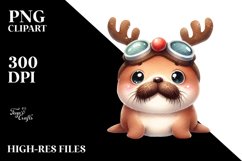 Watercolor Walrus with Reindeer Horns and Sky Goggles PNG Product Image 1
