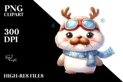 Watercolor Walrus with Reindeer Horns and Sky Goggles PNG Product Image 1