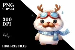 Watercolor Walrus with Reindeer Horns and Sky Goggles PNG Product Image 1