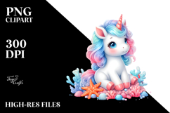Baby Unicorn in Coral Reef, Watercolor PNG Product Image 2