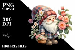 Detailed Cute Gnome with Camellia Bouquet Clipart Product Image 1