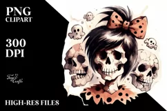 Washed Watercolor Style Halloween Skull with Hair and Bow, Product Image 3