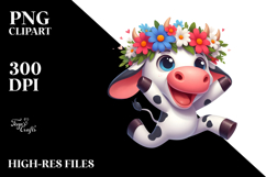 Exciting Cartoon Cow with Flower Crown PNG Product Image 2