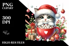 Cute Cat with Santa Hat and Hot Cocoa PNG Product Image 3