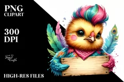 Vibrant Baby Chicken with Blank Sign, PNG Product Image 1