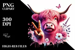 Pink Highland Cow with Victory Sign, Digital Painting Product Image 2