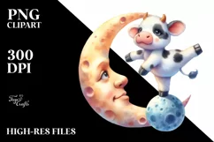 Cute Baby Cow Gymnastics on the Moon | Sublimation Clipart Product Image 1