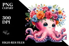 Cartoon-Style Octopus with Vibrant Flower Crown Clipart Product Image 2