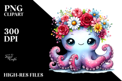Cartoon-Style Octopus with Vibrant Flower Crown Clipart Product Image 2