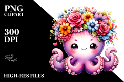 Cartoon-Style Octopus with Vibrant Flower Crown Clipart Product Image 2