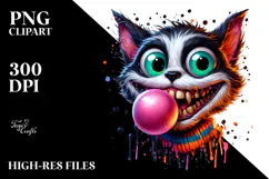 Spooky Cat Chewing Bubble Gum, Cartoon Style PNG Product Image 2