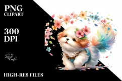 Colorful Cute Dog Tumbling with Petals | Clipart Product Image 1