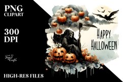 Watercolor Style Halloween Reaper Sitting on Cloud with Product Image 3