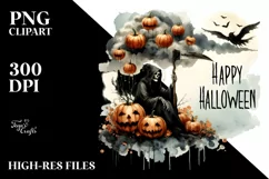Watercolor Style Halloween Reaper Sitting on Cloud with Product Image 3