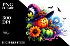 Vibrant Drawing of Witch with Pumpkin | Clipart Product Image 1