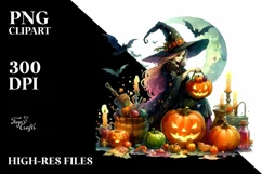Vibrant Drawing of Witch with Pumpkin | Clipart Product Image 1