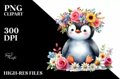 Cartoon-Style Penguin with Vibrant Flower Crown Clipart Product Image 1