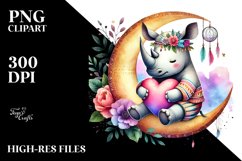Boho Rhino on Moon Holding Heart, Colorful PNG Product Image 2