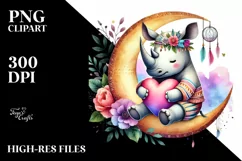 Boho Rhino on Moon Holding Heart, Colorful PNG Product Image 2