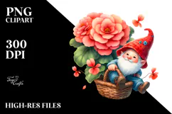Cute GNOME with Begonia in a Basket PNG Product Image 2