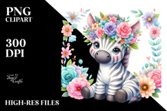 Cartoon-Style Zebra with Pastel Flower Crown Clipart Product Image 2