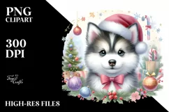 Watercolor Siberian Husky with Christmas Decorations, PNG Product Image 1