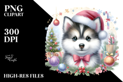 Watercolor Siberian Husky with Christmas Decorations, PNG Product Image 2