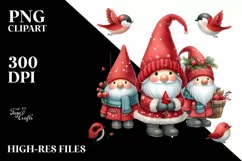 Cute Red Christmas Gnomes in Front of Red Birds PNG Product Image 1