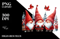 Cute Red Christmas Gnomes in Front of Red Birds PNG Product Image 3