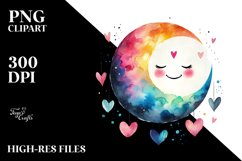 Smiling Moon with Hearts, Watercolor PNG Product Image 2