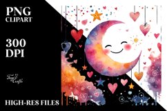 Smiling Moon with Hearts, Watercolor PNG Product Image 2