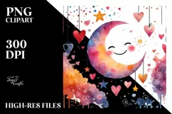 Smiling Moon with Hearts, Watercolor PNG Product Image 2