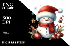 Cute Snowman in Winter Scenery with Christmas Ornaments PNG Product Image 1