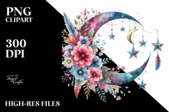Boho Moon with Flowers and Stars PNG Product Image 3