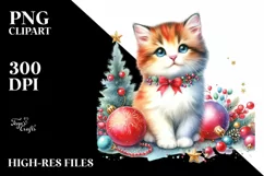 Watercolor Cat with Vibrant Christmass Decorations PNG Product Image 1