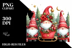 Cute Red Christmas Gnomes in Front of Christmas Sleigh PNG Product Image 3