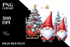 Cute Red Christmas Gnomes in Front of Christmas Sleigh PNG Product Image 3