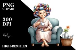 Old Lady Sitting on Sofa with Hair Curlers | Clipart Product Image 1