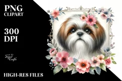 Watercolor Shih Tzu Floral Frame | Clipart Product Image 3