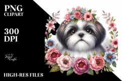 Watercolor Shih Tzu Floral Frame | Clipart Product Image 1