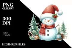 Cute Snowman in Winter Scenery with Santa Hat PNG Product Image 1