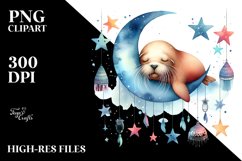 Vibrant Walrus Sleeping on Moon | Clipart Product Image 1
