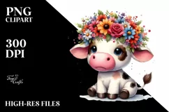 Colorful Cow with Flower Crown, PNG Product Image 1