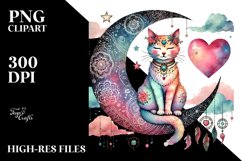 Boho Cat on Moon with Heart PNG Product Image 2