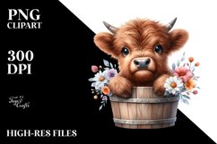 Cute Baby Highland Cow Wood Bucket Flowers PNG Product Image 1