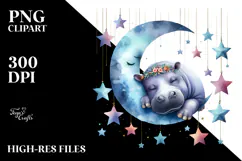 Watercolor Hippo Sleeping on the Moon PNG Product Image 2