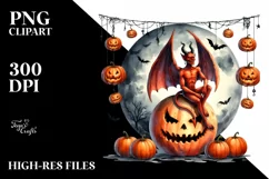 Watercolor Style Halloween Demon Sitting on Half Moon with Product Image 1