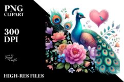 Colorful Peacock Sitting on Flower Heart PNG Product Image 2