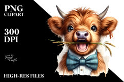 Enthusiastic Baby Highland Cow with Bow and Tie, Transparent Product Image 2